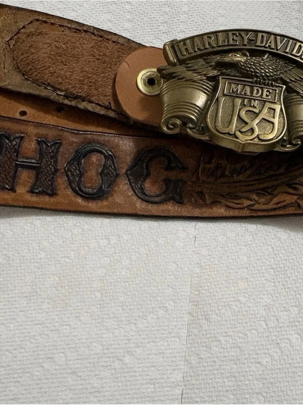 80’s Harley-Davidson Brown Leather Belt with Antique Brass Buckle
